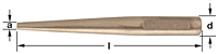 Horizontal image of a cylindrical bronze metal drift pin.  Tapered at one end and a flat round end on the other. The single end taper is marked "a" for its narrowest diameter and "d" for its wider end, and "l" marks the length. Engraved text includes "USA